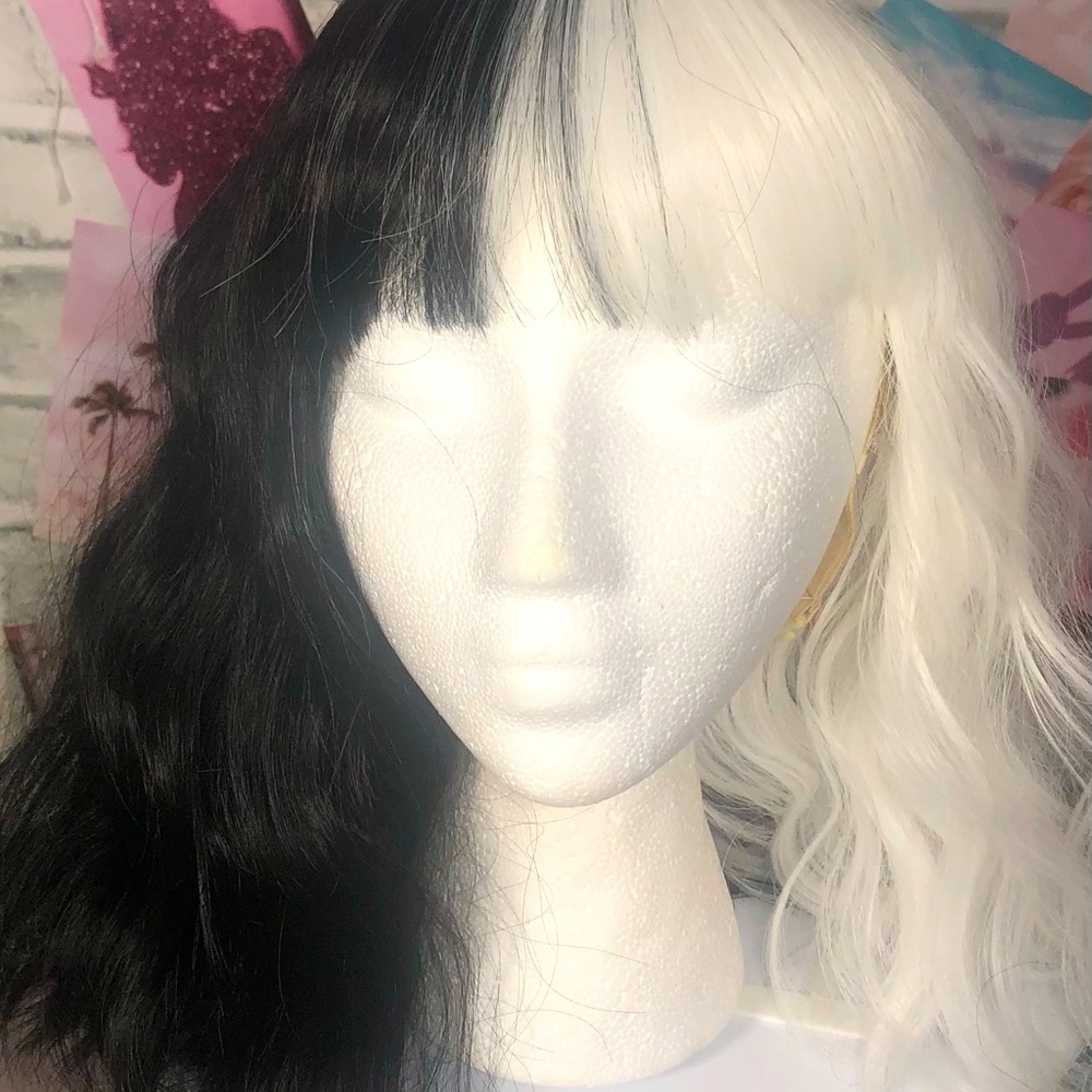 Half Black & Half White Bob Cut Wig with Bangs - New, Never Worn